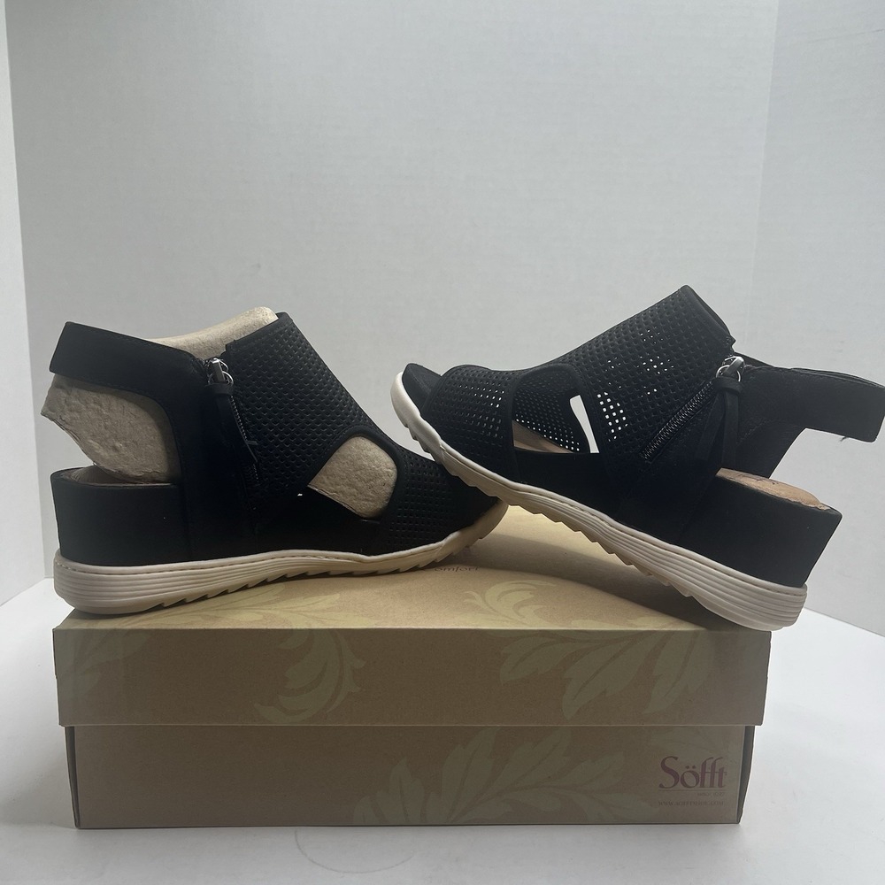 Sofft Shandi Womens 9.5 M Black Perforated Suede Wedge Sandals SF0044321 NIB